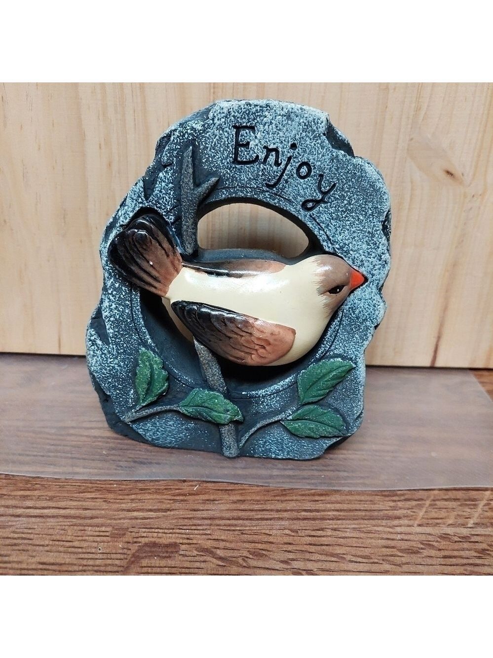Vintage Hand-crafted "Enjoy" Ceramic Bird in Concrete Indoor/Outdoor Ornament